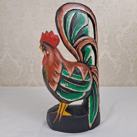 Colorful Wooden Rooster Hand Carved and Painted Sculpture Figurine - Picture 4 of 13